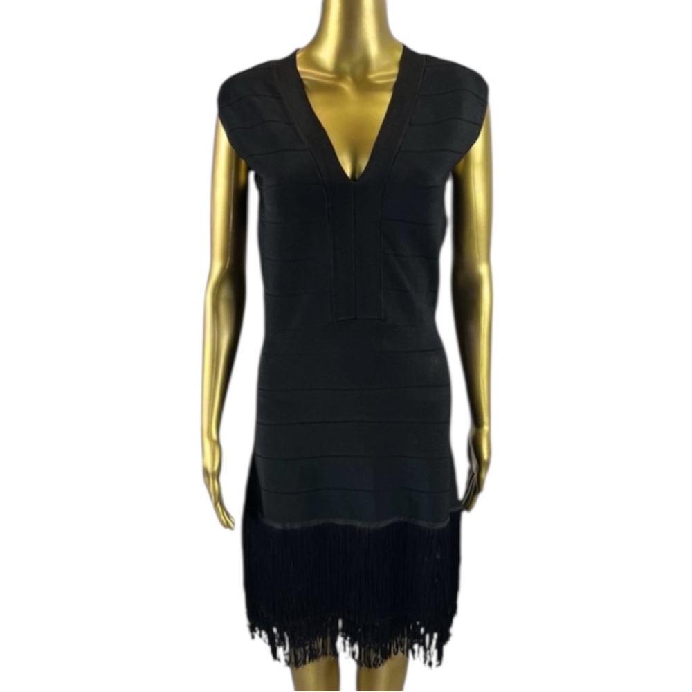 Venus Black Bandage V-Neck Sleeveless Dress Size 6 Fringe Hem Bodycon Cocktail